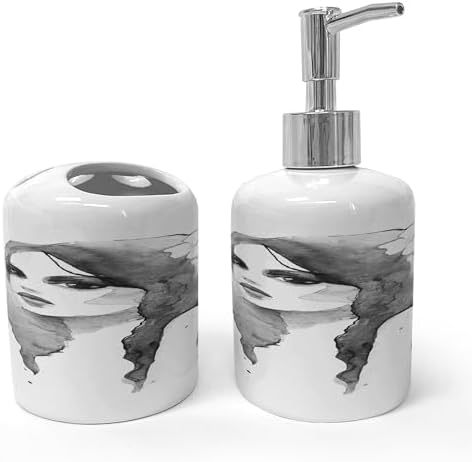 Ambesonne Bathroom Soap Dispenser and Toothbrush Holder Set 2 Pcs White Black