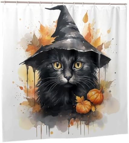 Wizard Hat Cat Shower Curtain Set with 12 Hooks 72x72in