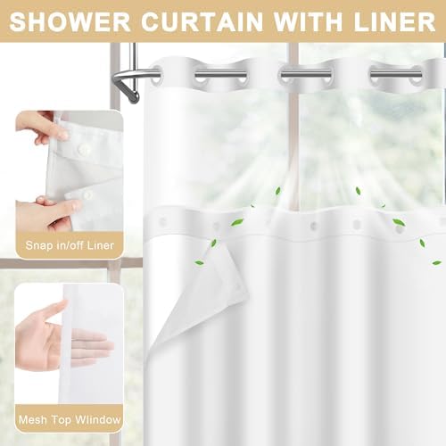 No Hook Flower Shower Curtain with Snap Liner 71x74 Inches