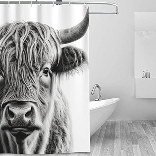 Highland Cow Pattern Waterproof Shower Curtain Set with 12 Hooks 72x72in