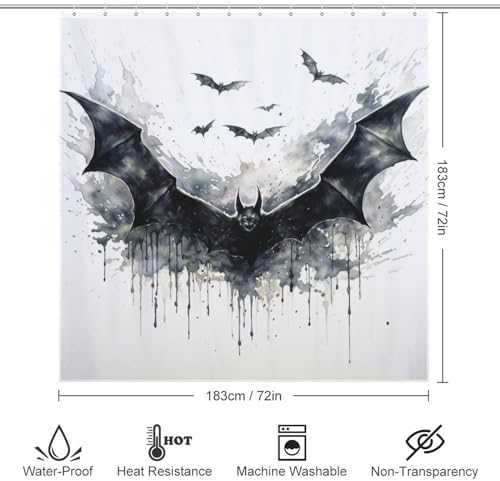 TIYAANDSY Black Bat Shower Curtain Set with 12 Hooks 72x72in