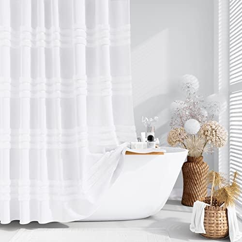 Dynamene White Tufted Chenille Striped Shower Curtain Set