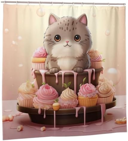 Cute Pink Ice Cream Cat Shower Curtain Set with 12 Hooks 72x72in