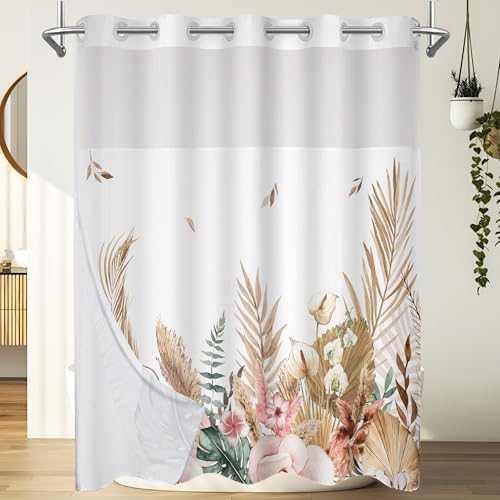 No Hook Flower Shower Curtain with Snap Liner 71x74 Inches