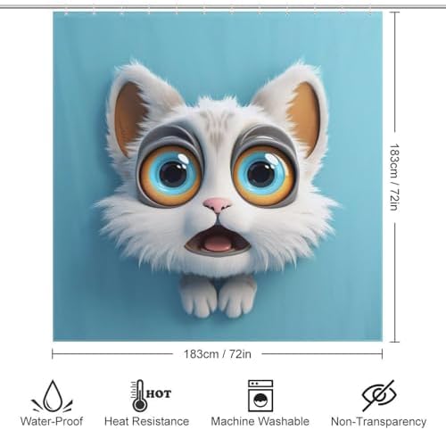 White Cat Boho Shower Curtain Set with 12 Hooks 72x72in
