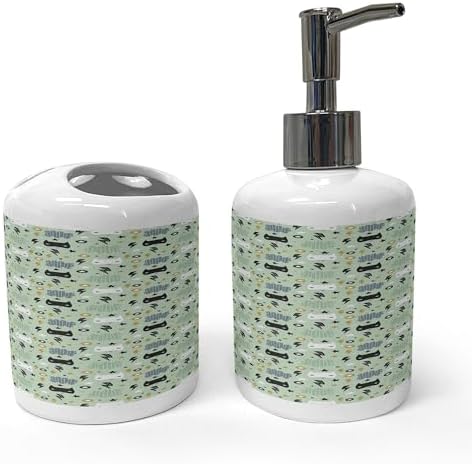 Ambesonne Cartoon Soap Dispenser Toothbrush Holder Set 2 Pcs Mint Green
