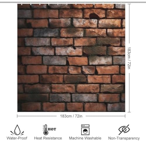 Red Brick Wall Pattern Shower Curtain Set with 12 Hooks