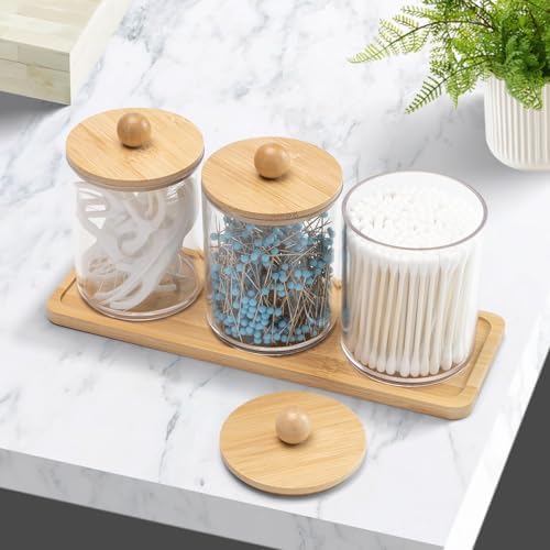 CINDALOG 10 oz Bamboo Q-Tip Holders 3 Pack with Lids and Tray