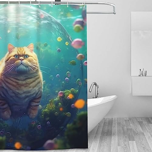Cute Fat Cat Underwater Fun Fish Shower Curtain Set