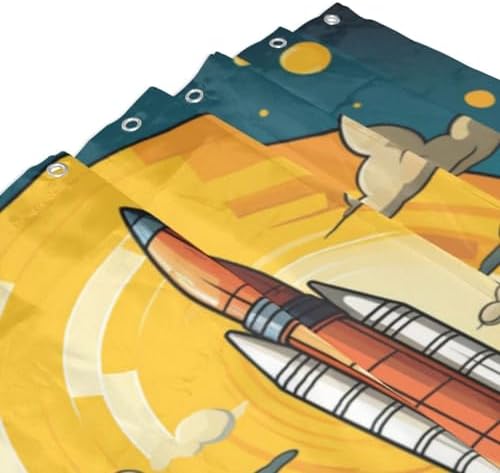 TIYAANDSY Cartoon Rocket Shower Curtain Set 72x72in with 12 Hooks