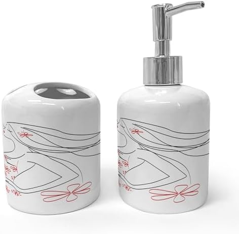 Ambesonne Ceramic Soap Dispenser Toothbrush Holder Set 2 Pcs Charcoal Grey Vermilion