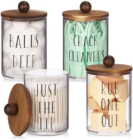4 Pack Qtip Holder with Wood Lids - 10 oz Clear Storage Jars