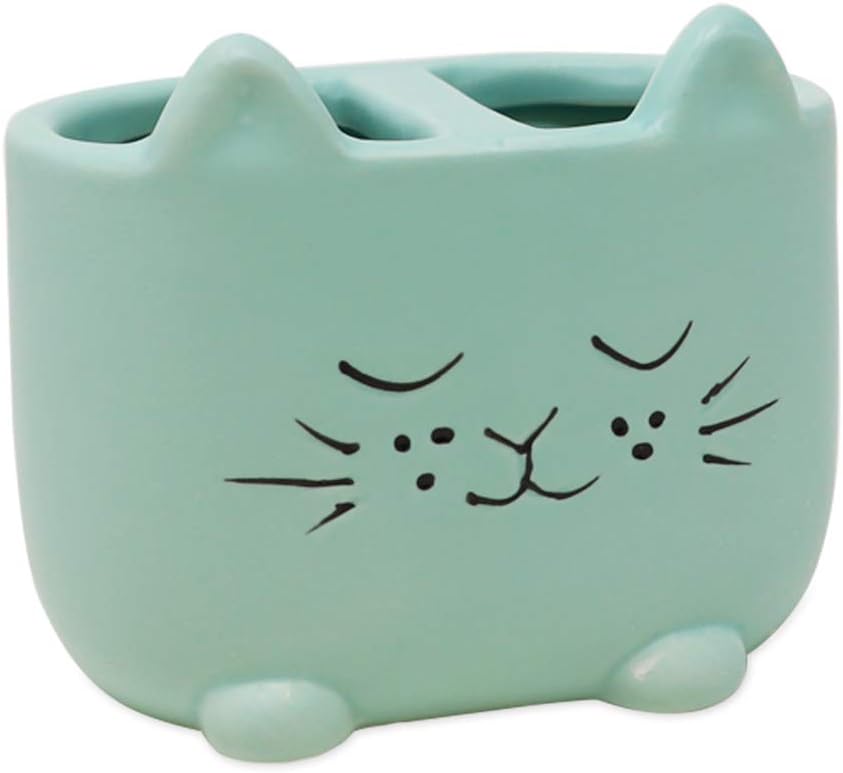 Isaac Jacobs Blue Ceramic Cat Brush Holder Organizer