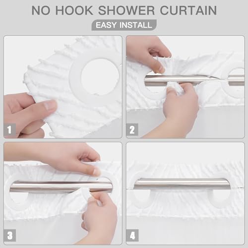 Boho White Shower Curtain Set with Snap Liner and Tufted Design