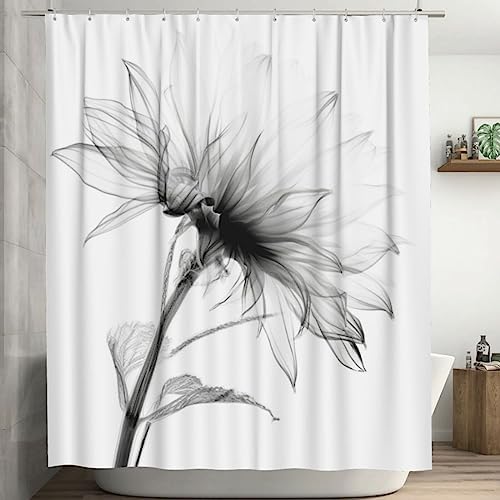 Abstract Flower Shower Curtain Set Black and White Boho Pattern 72x72in
