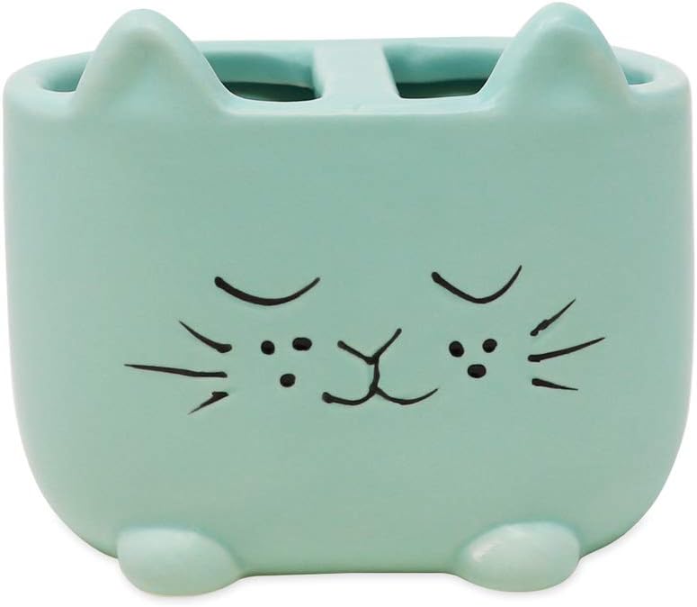 Isaac Jacobs Blue Ceramic Cat Brush Holder Organizer