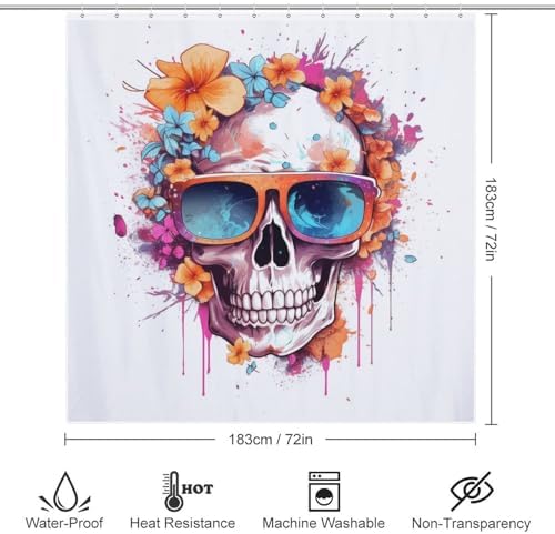 Boho Blue Flower Skull Shower Curtain Set with 12 Hooks 1