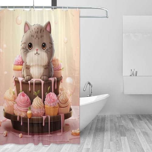 Cute Pink Ice Cream Cat Shower Curtain Set with 12 Hooks 72x72in