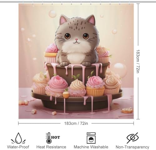 Cute Pink Ice Cream Cat Shower Curtain Set with 12 Hooks 72x72in