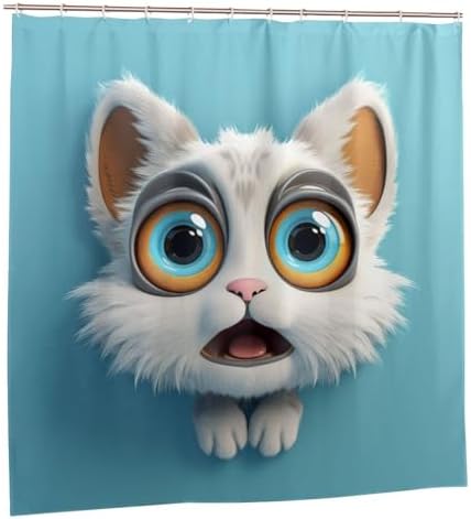 White Cat Boho Shower Curtain Set with 12 Hooks 72x72in