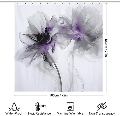 Abstract Flower Shower Curtain Set Dark Purple Boho Waterproof 72x72in with 12 Hooks