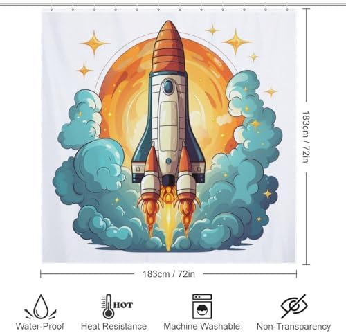 Cartoon Rocket Shower Curtain Set with 12 Hooks 72x72in