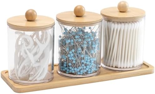 CINDALOG 10 oz Bamboo Q-Tip Holders 3 Pack with Lids and Tray