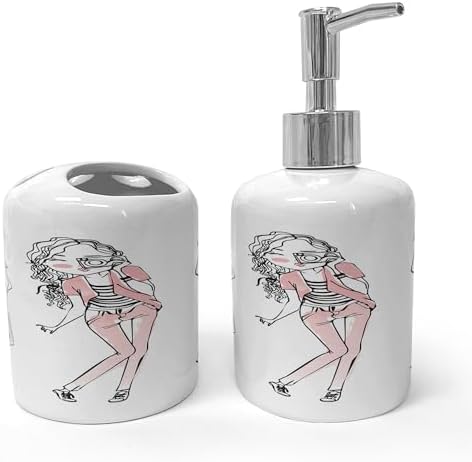 Ambesonne Ceramic Soap Dispenser Toothbrush Holder Set