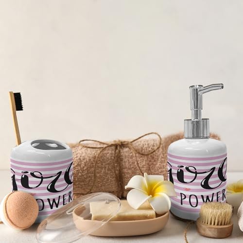 Ambesonne Lettering Soap Dispenser Toothbrush Holder Set Pale Pink Charcoal Grey 1
