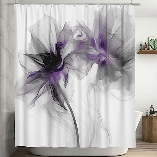 Abstract Flower Shower Curtain Set Dark Purple Boho Waterproof 72x72in with 12 Hooks