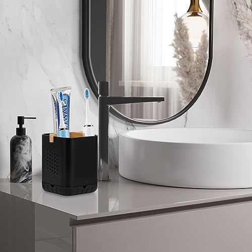 Boperzi Black Toothbrush Holder with Bamboo Divider
