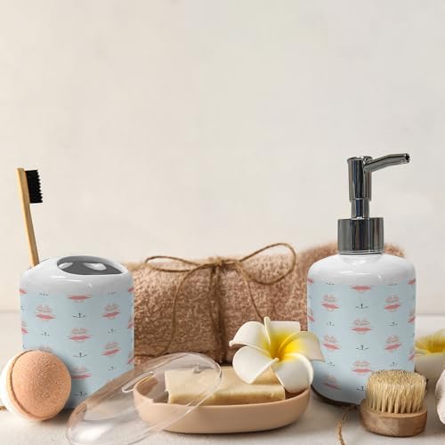 Ambesonne Ceramic Soap Toothbrush Holder Set Pale Tan Bunnies Nautical Pattern 2 Pcs