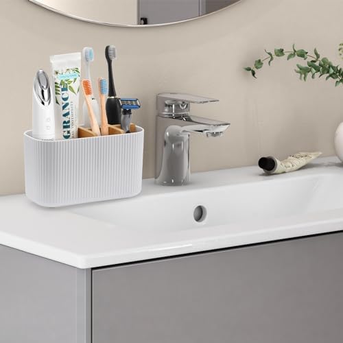 White Toothbrush Holder - Bamboo Toothbrush Organizer for Bathrooms