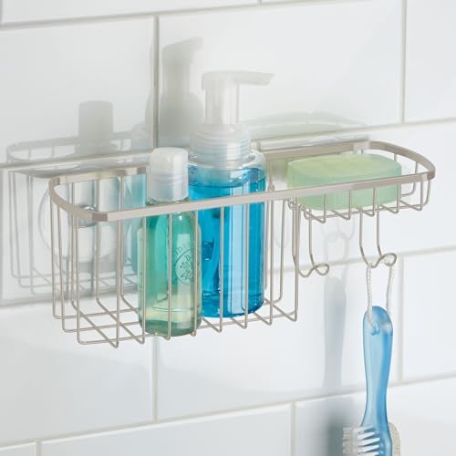 iDesign Suction Shower Soap Dish and Hooks Satin Basket