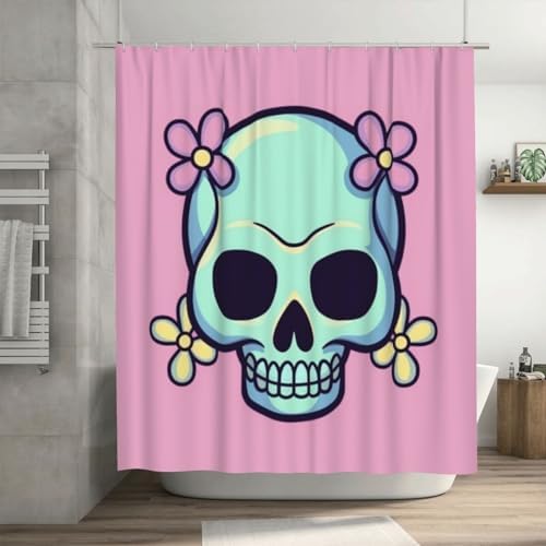 TIYAANDSY Cartoon Skull Pink Flower Shower Curtain Set