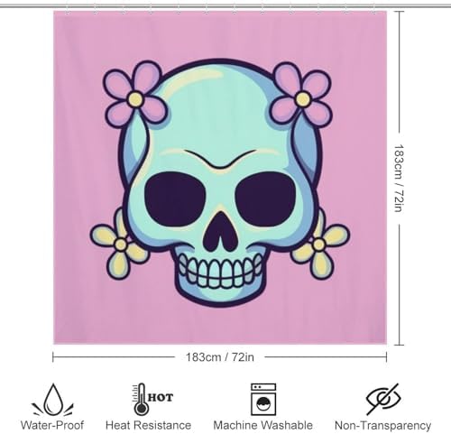 TIYAANDSY Cartoon Skull Pink Flower Shower Curtain Set