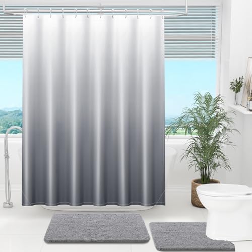 OLANLY Luxury Grey White Ombre Shower Curtain Set with 12 Hooks 1