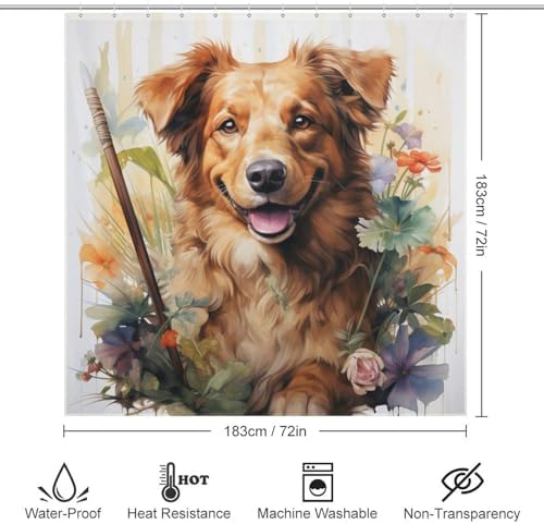 Brown Dog Pattern Waterproof Shower Curtain Set with 12 Hooks 72x72in
