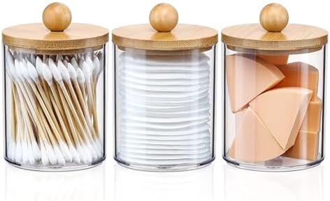 DIYOHFE 3PC Acrylic Q-Tip Dispenser with Wood Lid