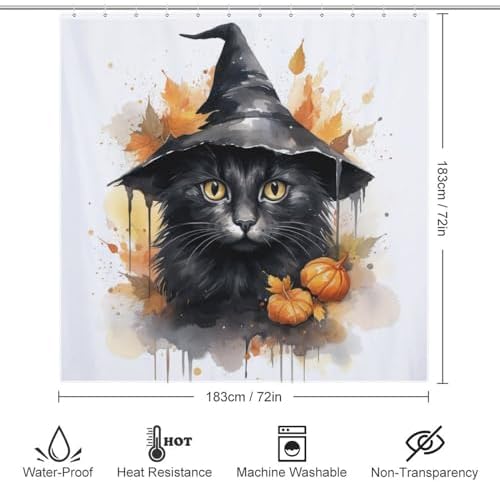 Wizard Hat Cat Shower Curtain Set with 12 Hooks 72x72in