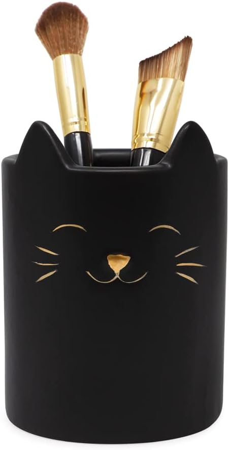 Isaac Jacobs Black Ceramic Cat Cup Holder Organizer