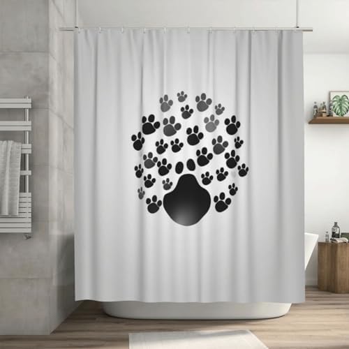 Black Paw Prints Shower Curtain Set with 12 Hooks 72x72in