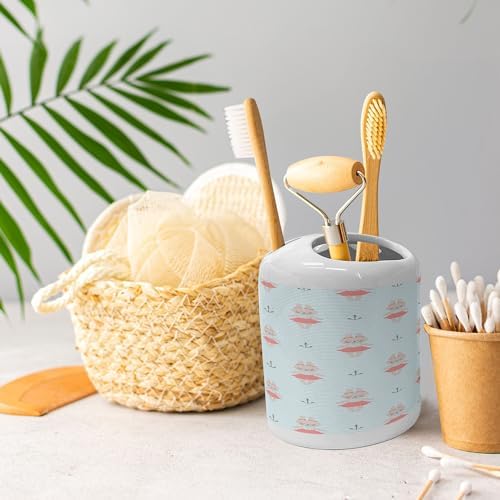 Ambesonne Ceramic Soap Toothbrush Holder Set Pale Tan Bunnies Nautical Pattern 2 Pcs