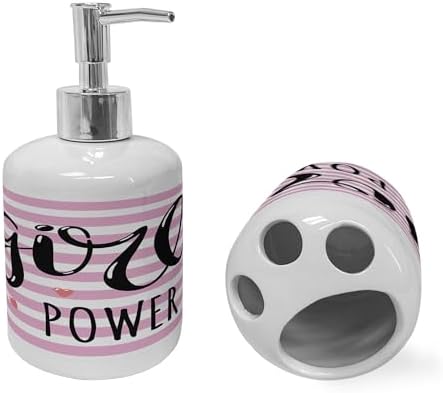 Ambesonne Lettering Soap Dispenser Toothbrush Holder Set Pale Pink Charcoal Grey 1