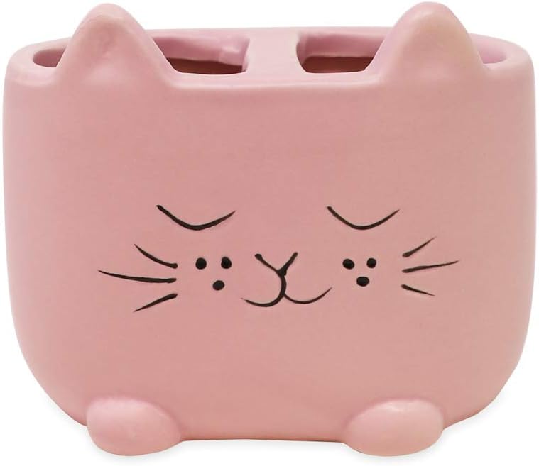 Isaac Jacobs Pink Ceramic Cat Cup Holder Multi-Purpose 2-Section Organizer