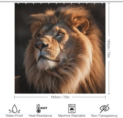Brown Lion Waterproof Shower Curtain Set with 12 Hooks 72x72in
