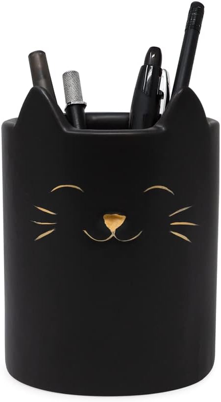 Isaac Jacobs Black Ceramic Cat Cup Holder Organizer