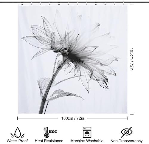 Abstract Flower Shower Curtain Set Black and White Boho Pattern 72x72in