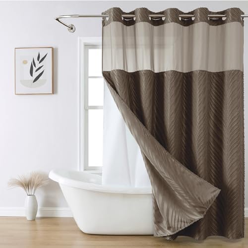 No Hook Shower Curtain Set with Boho Tufted Stripes and See Through Top