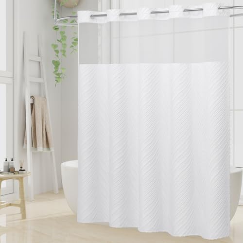 Boho White Shower Curtain Set with Snap Liner and Tufted Design